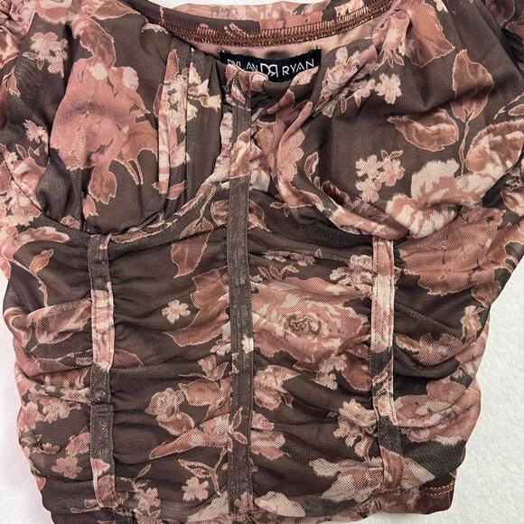Dylan Ryan Blouse Top Women M Brown Ruched Bustier Sheer Floral Fairy - Picture 13 of 14